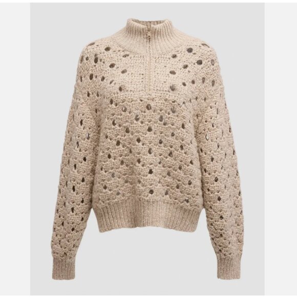 Brunello Cucinelli Paillette Round Open-Weave Cashmere Blend Zip Sweater - Picture 2 of 11